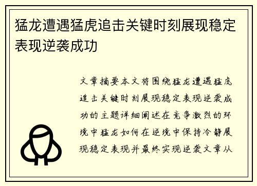 猛龙遭遇猛虎追击关键时刻展现稳定表现逆袭成功