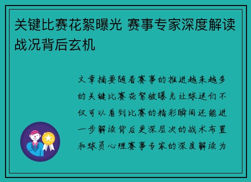关键比赛花絮曝光 赛事专家深度解读战况背后玄机