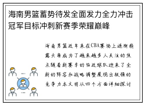 海南男篮蓄势待发全面发力全力冲击冠军目标冲刺新赛季荣耀巅峰