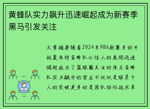 黄蜂队实力飙升迅速崛起成为新赛季黑马引发关注