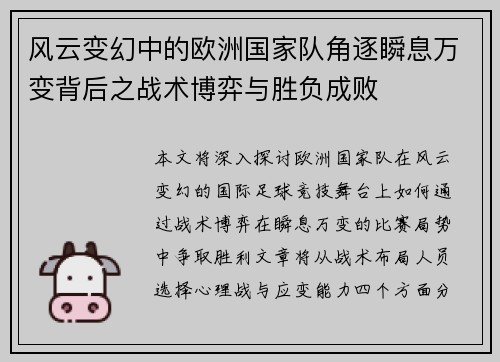 风云变幻中的欧洲国家队角逐瞬息万变背后之战术博弈与胜负成败