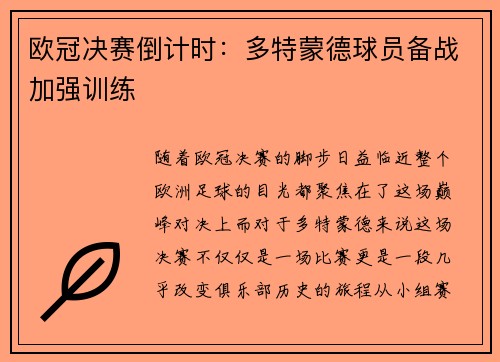 欧冠决赛倒计时：多特蒙德球员备战加强训练