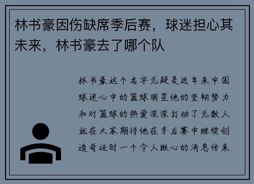 林书豪因伤缺席季后赛，球迷担心其未来，林书豪去了哪个队
