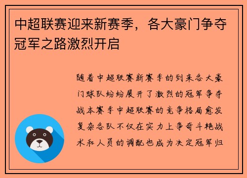 中超联赛迎来新赛季，各大豪门争夺冠军之路激烈开启